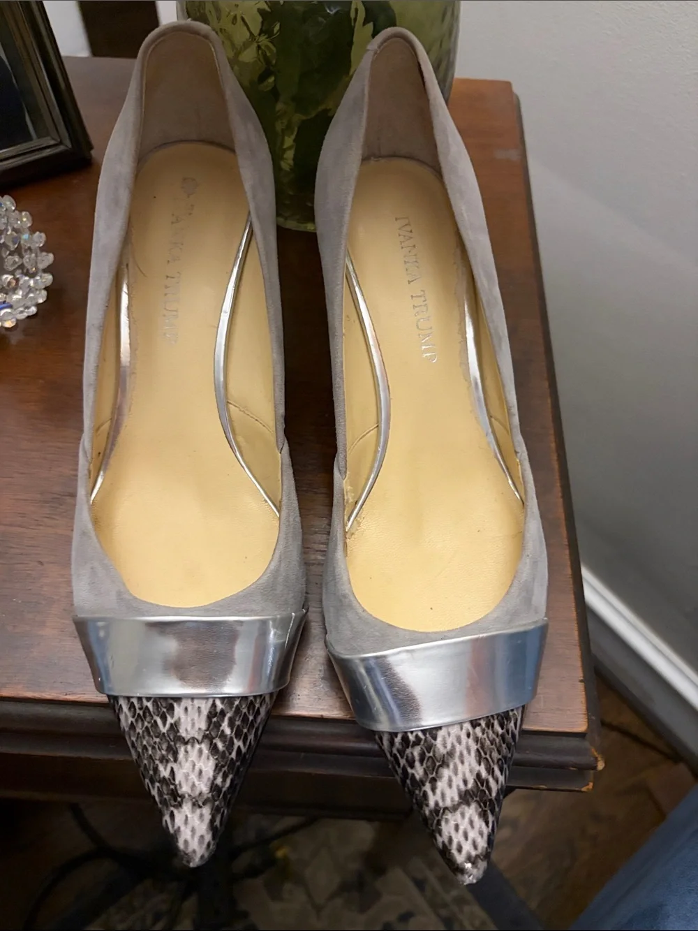 Ivanka Trump Gray Suede Pumps with Silver Strap and Snakeskin Toe Cap